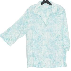 Sigrid Olsen Top Linen Cottage Coastal Resort Minimalist Beach Floral Blue 2X HH